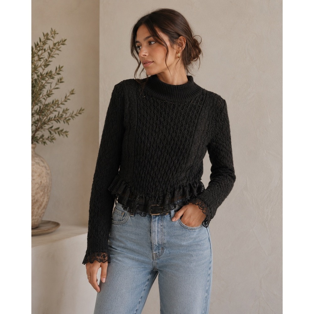 Zara Womens Black Lace Trim Ruffle Hem Mock Neck Pointelle Knit Sweater Small